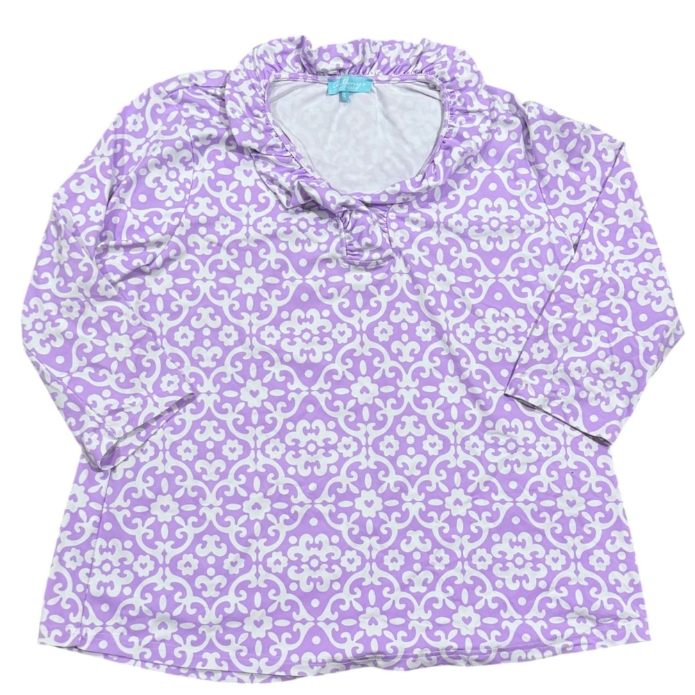 Anthony's Resort Wear Purple White Damask Print Ruffled Collar 3/4 Sleeve Top XL